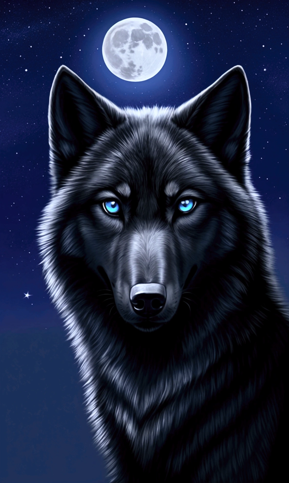 Beautiful black wolf with blue eyes. Night, the fullmoon is shining, beautiful nightsky full of stars