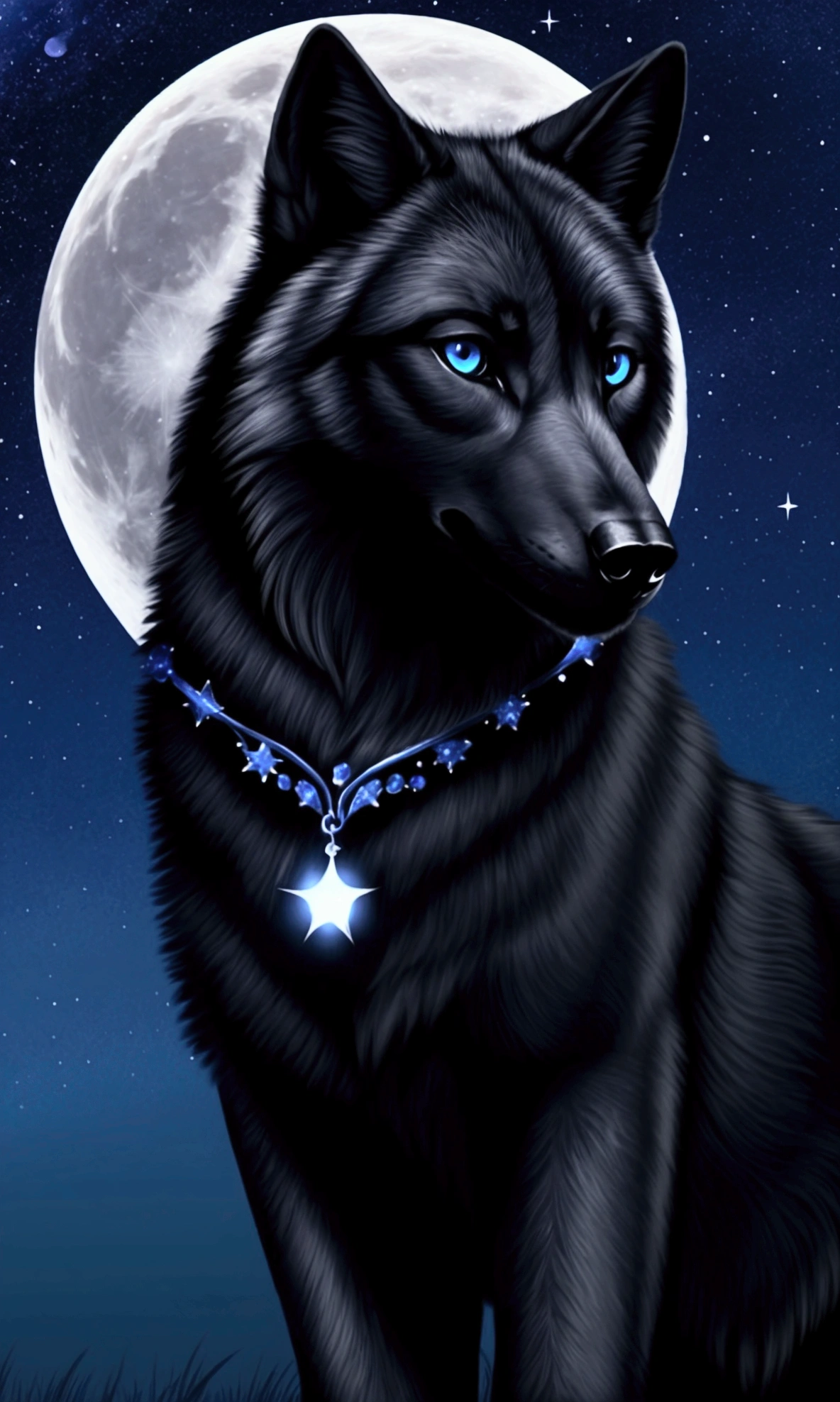 Beautiful black wolf with blue eyes. Night, the fullmoon is shining, beautiful nightsky full of stars