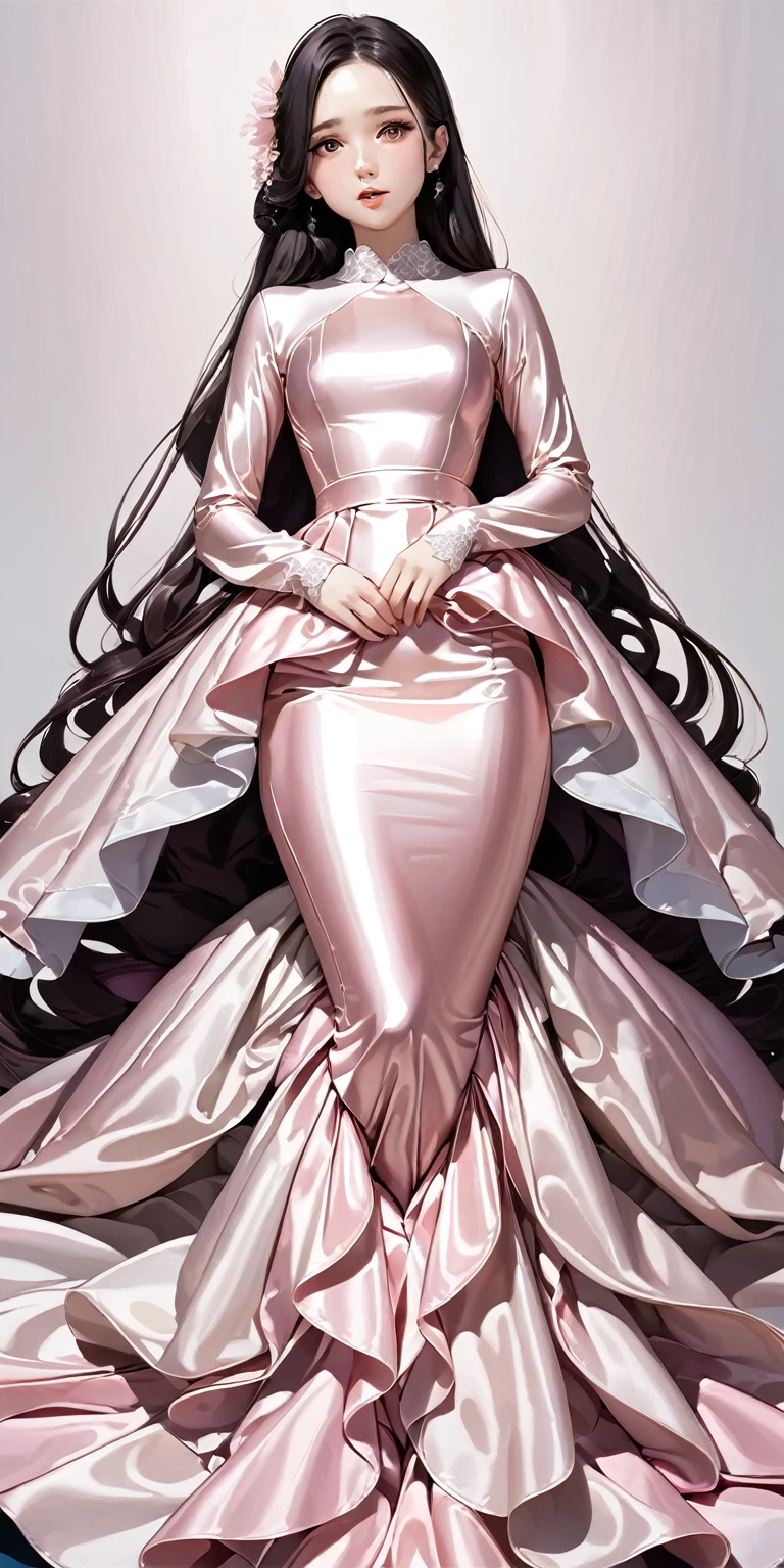 Portraiture、(masterpiece,Highest quality,Ultra-high resolution),Japanese women, (((Very beautiful 25 year old girl))),She is wearing a long-sleeved dress made of shiny pale pink satin.、The dress has a simple design without any patterns.、The skirt is mermaid style