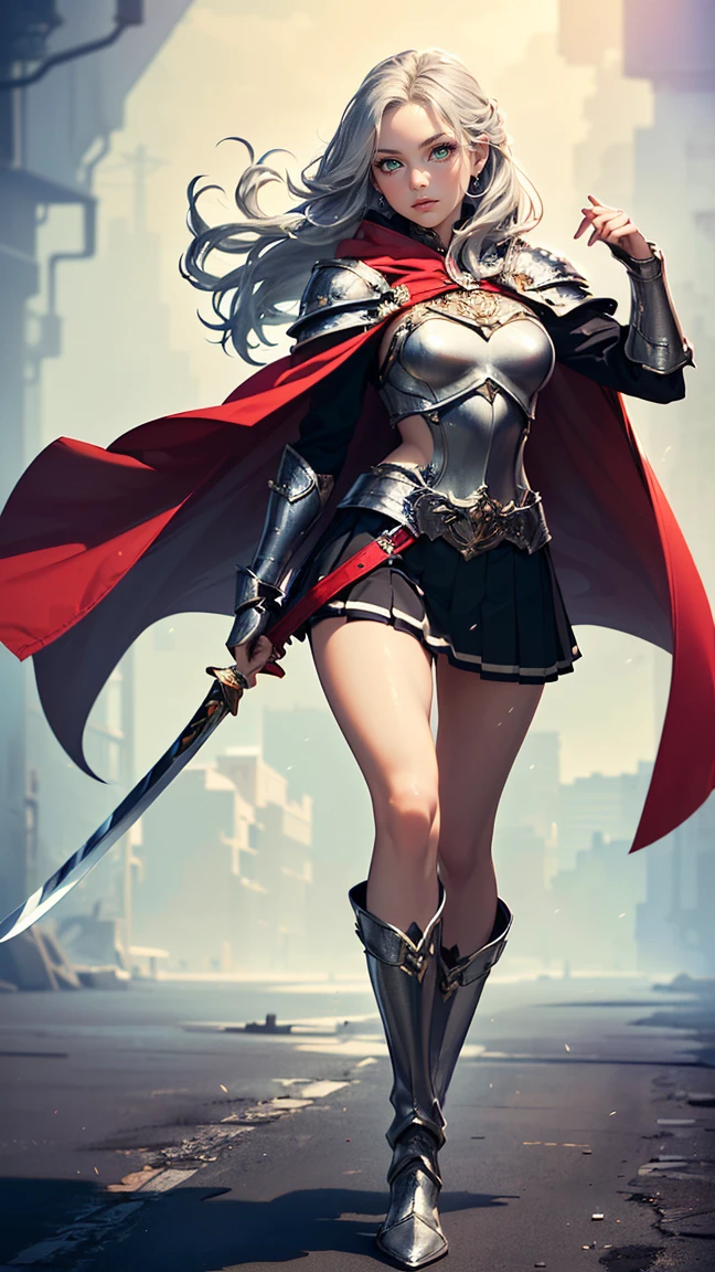 A girl wielding a sword，17 years old，Blonde long hair，Green Eyes，Silver metal armor covering the upper body，pleated micro mini skirt，((Thigh-length silver metal boots:1.6))，Big red cape，Beautifully decorated long sword，(((Open your legs and hold your sword:1.5)))，((Perfect beautiful girl:1.8))，((Slim figure:1.2))，Silver gauntlet，(Full body up to the toes)，A windswept, desolate wilderness，(Panty shot:1.2)，(((Ultra-high resolution:1.5)))，((Highly detailed eyes))