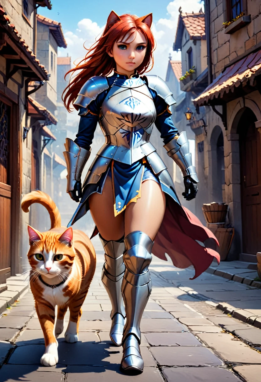 arafed a picture of knight with her  ((giant cat: 1.3)) walking near her in  fantasy street, an ((cat big as a horse)), the cat is wearing armor ready for battle, dynamic color cat BREAK a human knight, full body, ((anatomically correct: 1.5)  walking near him, female knight, red hair, long hair, hair in a pony tail, wearing knight's armor, decorated armor,  high heeled boots,  Hyperrealism style, vibrant, Ultra-high resolution, High Contrast, (masterpiece:1.5), highest quality, Best aesthetics), best details, best quality, highres, ultra wide angle, 16k, [ultra detailed], masterpiece, best quality, (extremely detailed) RAW, ArmoredDress