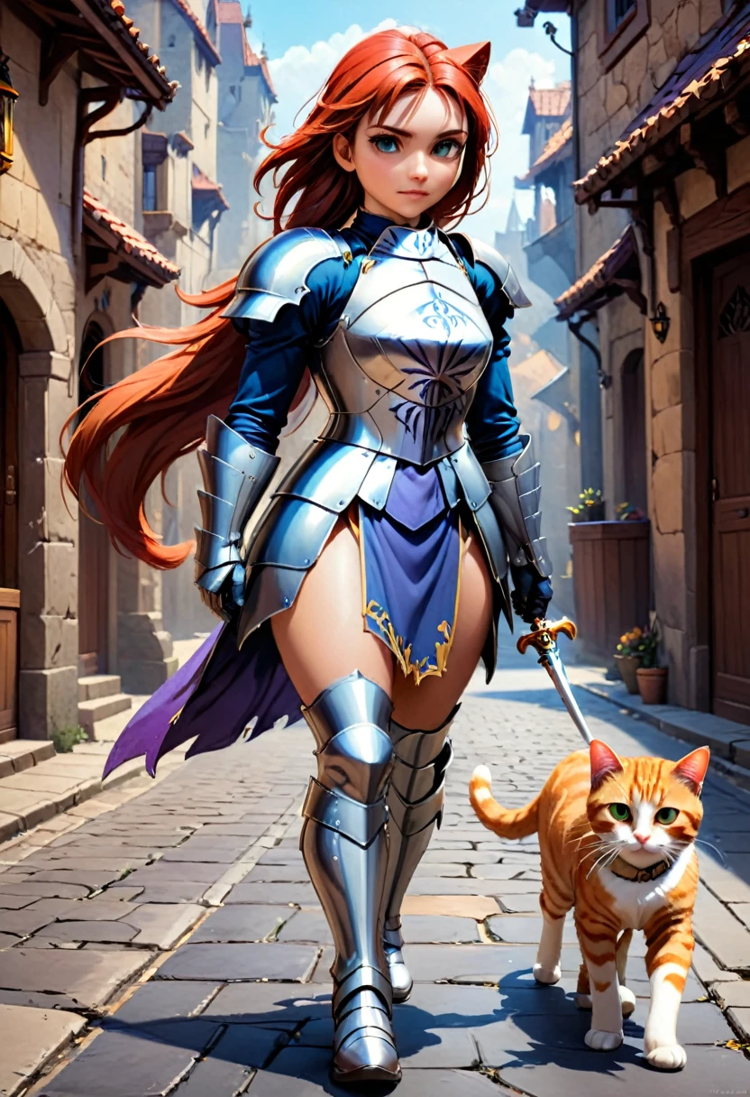 arafed a picture of knight with her  ((giant cat: 1.3)) walking near her in  fantasy street, an ((cat big as a horse)), the cat is wearing armor ready for battle, dynamic color cat BREAK a human knight, full body, ((anatomically correct: 1.5)  walking near him, female knight, red hair, long hair, hair in a pony tail, wearing knight's armor, decorated armor,  high heeled boots,  Hyperrealism style, vibrant, Ultra-high resolution, High Contrast, (masterpiece:1.5), highest quality, Best aesthetics), best details, best quality, highres, ultra wide angle, 16k, [ultra detailed], masterpiece, best quality, (extremely detailed) RAW, ArmoredDress