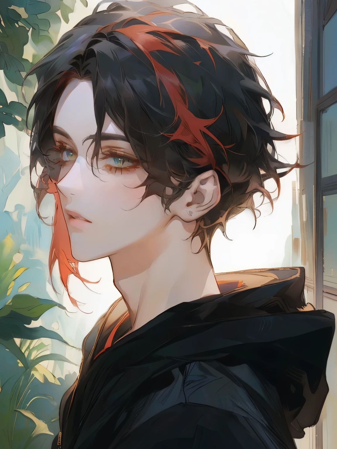 anime boy with red hair and black jacket looking out a window, handsome guy in demon slayer art, young anime man, in an anime style, demon slayer rui fanart, male anime style, anime boy, anime style portrait, in anime style, high quality anime artstyle, anime style character, anime artstyle, demon slayer artstyle, anime moe artstyle, anime-style male character with medium-length black hair featuring vibrant red highlights at the tips and framing the face. The character should have warm amber eyes and be wearing a black hoodie with a red interior lining. The background should be softly blurred to suggest an outdoor setting with some greenery, creating a serene and natural atmosphere. The overall color palette and lighting should convey a calm yet dynamic feel." standing against a detailed background, (best quality,4k,8k,highres,masterpiece:1.2),ultra-detailed,(realistic,photorealistic,photo-realistic:1.37),HDR,UHD,studio lighting,ultra-fine painting,sharp focus,physically-based rendering,extreme detail description,professional,vivid colors,bokeh,portrait,fantasy