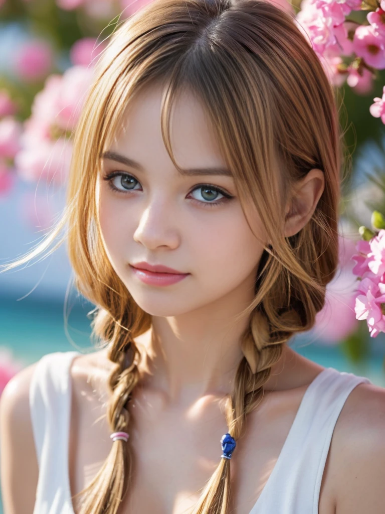 Full body image, masterpiece, Highest quality, RAW color photos, PhotoGenuinesitic, beautiful Girl, cute, Narrow eyes, Hairstyle Arrangement, Depth of written boundary, 超High resolution, (Realistic and PhotoGenuineistic: 1.37), High Resolution RAW color photos, Are you okay, Very detailed, Very Detailed eyes and Face, Sharp Pupils Genuineistic pupils, Sharp focus, Cinema Lighting, Coarse hair, Blonde, Beautiful clothes, Face close-up, masterpiece, Genuineistic skin texture, super Are you okay, On the beach in New Caledonia、Glowing hair and skin against a backdrop of colorful flowers, Highest quality, Genuine, ultra Are you okay, delicate, High resolution, 8k wallpaper, 一人のbeautiful女性, Blonde braids, A large cleavage is visible, Thinning hair, Are you okay and Genuineistic skin texture, Are you okay and beautiful, Genuineistic skin texture, smile, Dynamic Angle, Full Body Shot, elegant, Model body type, Highest quality, Genuineistic, ultra Are you okay, delicate, High resolution, High resolution 8K wallpaper, 一人のbeautiful女性, Light brown messy hair, wearing a stylish shirt with A large cleavage is visible, Sharp focus, Perfect dynamic composition, delicate and beautiful eyes, Thinning hair, Are you okay and Genuineistic skin texture, Are you okay, Perfect dynamic composition,. beautiful, Detailed eyes, Pale Hair, delicateでリアルな肌の質感, smile, Close-up portrait, Model&#39;s body type, Cleavage, Poetic shots, Glare and Shadows, aesthetics, Depressing Movies