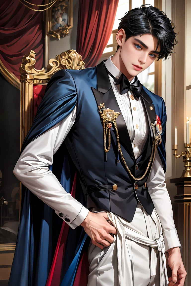 
masterpiece、最high quality、high quality、1 boy、One person、Male Focus、Gazing at the audience、Messy black hair、Adorable big blue eyes、White、noble、noble、Sexy voluminous black and red cape、tuxedo、Very voluminous and big, puffed up、Very large、Very large、long、long赤と黒のマント、High stand-up collar、Reach the floor、Made from a variety of fabrics。、************、cute美しい男の子、cute、cute、A handsome man with a gentle smile