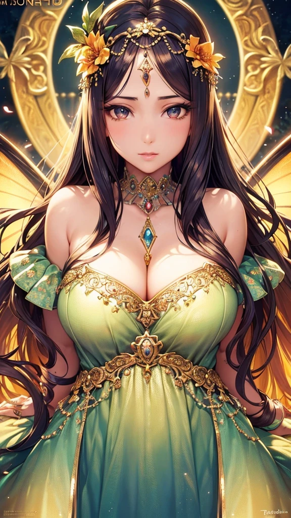 a beautiful anime girl, 1girl, detailed face, beautiful detailed eyes, beautiful detailed lips, long eyelashes, detailed facial features, gentle expression, long wavy hair, flower crown, elegant dress, beautiful detailed dress, (best quality,4k,8k,highres,masterpiece:1.2),ultra-detailed,(realistic,photorealistic,photo-realistic:1.37),detailed lighting, soft lighting, warm color palette, glowing skin, detailed background, lush garden, butterflies, fairy-tale style