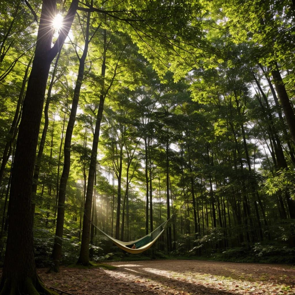 In the lush forest、A man swinging in a hammock。A scene with sunlight filtering through the trees