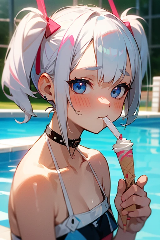 8K, Portrait, Maximum resolution, HDR, Ultra-realistic, 3D, 5 heads, Full body, 6 years old, Large face, Children's face, Lolita, Squatting, Right hand touching chest, Left hand holding a large soft serve ice cream and licking with tongue, Tons of water droplets in the crotch, Black hair in the crotch, Grinning face, strabismus, gasping face, mouth wide open and sticking out tongue, transparent white skin, the back is short, hard dark pink and areola, Thin transparent white bikini, protruding, sensual, soaked, sweaty, wet, high gloss, wet silver hair mixed with blue and green and pink and purple, seduction, ecstasy smile