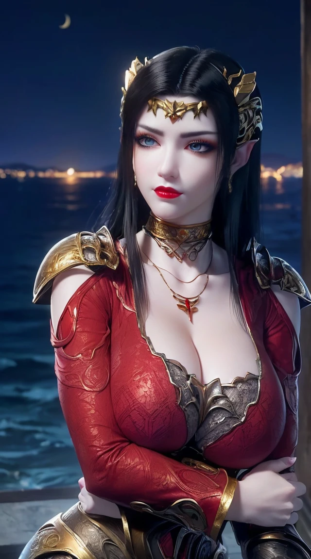 ((midynight, Need, 8K, tmasterpiece:1.3)),   very beautiful queen,   Slender abs:1,1,  (Big breasts:1.2).   ultra-detailed face,   highly detailed lips,   detailed eyes,   double eyelid.   ((Make-up face. Red lipstick)),   jewelry intricately made of precious stones and beautiful hair,     Super cute little face,   very beautiful face,   thin eyebrows,   flawless beautiful face,   ((black pupil)),   very beautiful eyes,   ((platinum blue eyes)),   beautiful and detailed makeup,   wet eye makeup,   eyelashes,  sharp nose,   earrings,

((Wet skin.  Naked breasts. Naked nipples)),

bathe.  in the lake. rocks. tree. Moonlight. Evening. dark.  dark.  dark