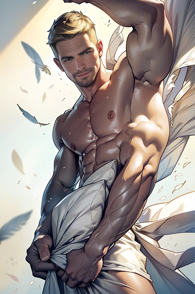 Clear background、A handsome tall man standing (((Stephen AMELL))) ,He is 28 years old，Thin waist，The pectoral muscles are well developed, He is 175cm tall，Weight 62 kg、yellow-green eyes、brown hair color、short hair、Topless、underwear、looking into camera，Smile，Lots of falling feathers,Covered in transparent white sheets,Kneeling on the bed,pillow fight,holding pillow in hand,White feathers are floating everywhere,
