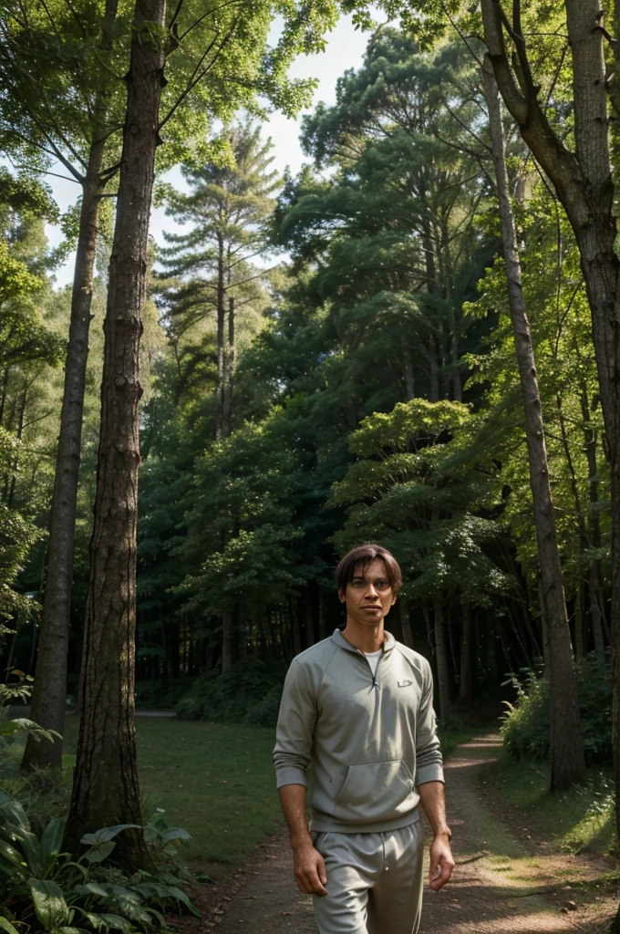 man 40 years old, European, with short hair and dark hair, dressed in a tracksuit. He is in nature, among tall trees and dense greenery, in soft sunlight, passing through the leaves. Provide, to make lighting and shadows look natural. A man should look calm and relaxed, enjoying the peaceful natural setting. The general atmosphere should be calm and harmonious. The image quality must be high, with 4K resolution for maximum clarity and detail."