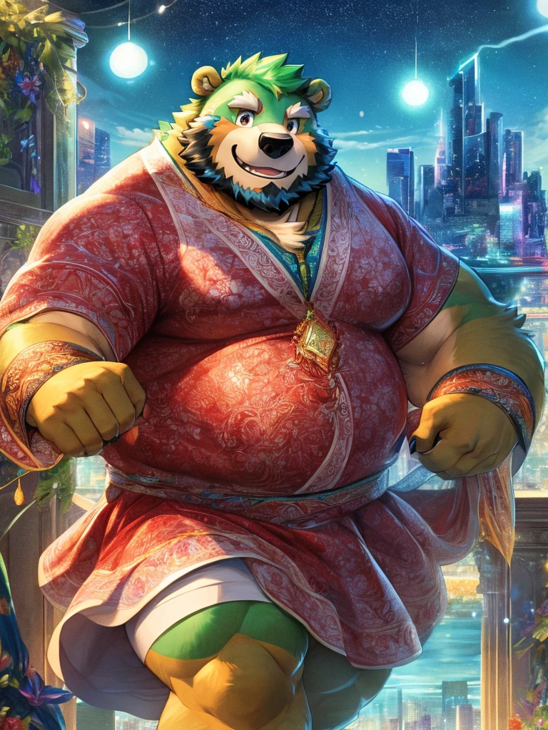 anthro ((bear)), furry, bear, green fur, green hair, ((beard)), male, white eyebrows, red eyes, masterpiece, ((Best quality)), character focus solo, handsome, middle-aged, mature, muscle body, sexy, dilf, full body, (((jinpei))), official art, masterpiece, sharp focus, european beauty, delicate and beautiful hair, eyes and face, realistic, super detailed, beautiful girl, blue sky, glow white particle, (side lighting: 1.2), sunlight, white cloud, detailed clouds, slim, beautiful extra-large breasts and very large hips, smile with teeth, ((smile with eyes, open both eyes)),  decorations, long straight hair, sexy facial expression, building, (cityscape: 1.7), dynamic hair, long straight hair, detailed platinum pink hair, glowing blue eyelue pleated shirts + white skirt), white long socks, pale skin, hair decoration, epic landscape.