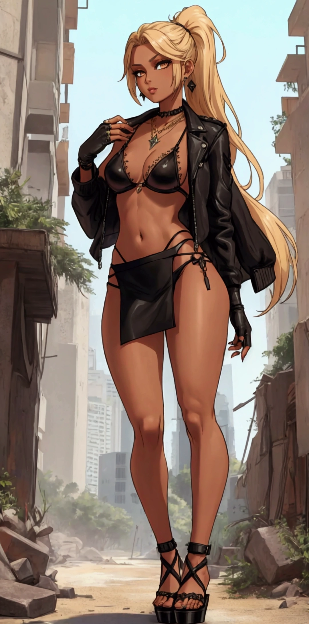 8K, Top Quality, Intricate Details, Ultra Detail, Ultra High Resolution, Masterpiece, full body, Very tall, dark skinned harem girl; slender, blonde hairs and incredible long ponytail; strong makeup; brown eyes; small pointy breast; sensual midriff; wearing superhighplatform sandals, desert abandoned city, jewelery, necklace, earrings, black bikini top, short leather jacket, thongs with a lot of strings, leather skirt, long fingernails; gloves, rings, best quality, expressive eyes, perfect face, masterpiece, slim body, very long legs, detailed stomach, detailed hips, detailed legs, carefully drawn toes, carefully drawn feet, carefully drawn hands, best quality, drawn with careful, Dynamic Angle, Highly detailed, seductive eyes, NTR
