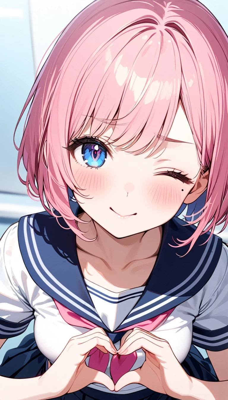 (1 girl),(Best Picture Quality, 8K, Masterpiece:1.3), (high school student:1.5), ((pink lob hair:1.1)), (bob cut),(swept bangs), (cute eyes, pupil black, iris skyblue, youthful face), (mole under right eye), (standard weight), (small breasts),(big hip), (glistening skin:1.1),(pale skin:1.2), ((serafuku, white sailor short sleeve simple shirt, darkblue skirt, darkblue sailor collar, pink ribbon)),(heart hands),(wink, one eye closed),(from above),(Face close-up),