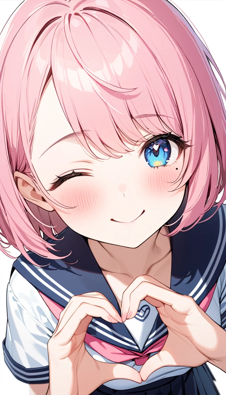 (1 girl),(Best Picture Quality, 8K, Masterpiece:1.3), (high school student:1.5), ((pink lob hair:1.1)), (bob cut),(swept bangs),BREAK, (cute eyes, pupil black, iris skyblue, youthful face), (mole under right eye), (standard weight), (small breasts),(big hip), (glistening skin:1.1),(pale skin:1.2),BREAK, ((serafuku, white sailor short sleeve simple shirt, darkblue skirt, darkblue sailor collar, pink ribbon)),BREAK,(heart hands),(wink, one eye closed),(from above),(portrait),(happy).