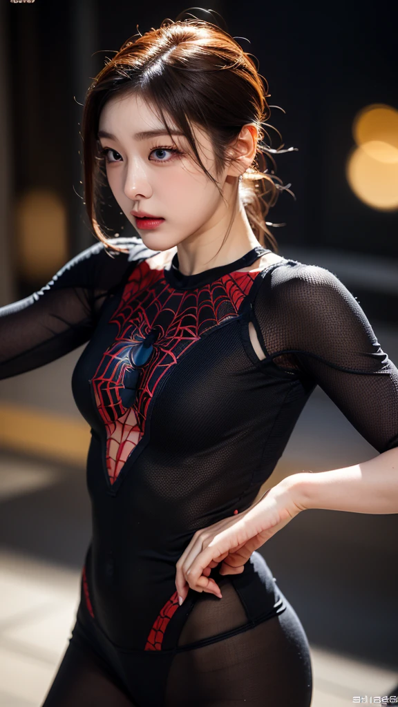 tmasterpiece,1 Korean girl,realisticlying,8K UHD,high high quality,in the background bokeh, spider-man black suit,Spidey,Clothes wrap around the whole body,Tight clothing,Abs contour,Short black hair,s the perfect face,shining face,Ultra-clear face,Elaborate Eyes,idoly