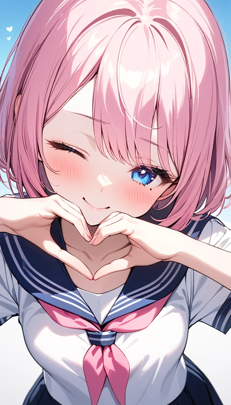 (1 girl),(Best Picture Quality, 8K, Masterpiece:1.3), (high school student:1.5), ((pink lob hair:1.1)), (bob cut),(swept bangs), (cute eyes, pupil black, iris skyblue, youthful face), (mole under right eye), (standard weight), (small breasts),(big hip), (glistening skin:1.1),(pale skin:1.2), ((serafuku, white sailor short sleeve simple shirt, darkblue skirt, darkblue sailor collar, pink ribbon)),(heart hands),(wink, one eye closed),(from above),(Face close-up),
