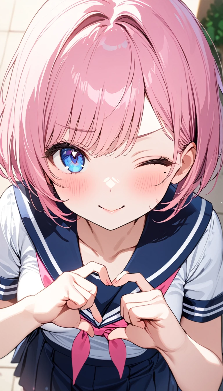 (1 girl),(Best Picture Quality, 8K, Masterpiece:1.3), (high school student:1.5), ((pink lob hair:1.1)), (bob cut),(swept bangs), (cute eyes, pupil black, iris skyblue, youthful face), (mole under right eye), (standard weight), (small breasts),(big hip), (glistening skin:1.1),(pale skin:1.2), ((serafuku, white sailor short sleeve simple shirt, darkblue skirt, darkblue sailor collar, pink ribbon)),(heart hands),(wink, one eye closed),(from above),(Face close-up),