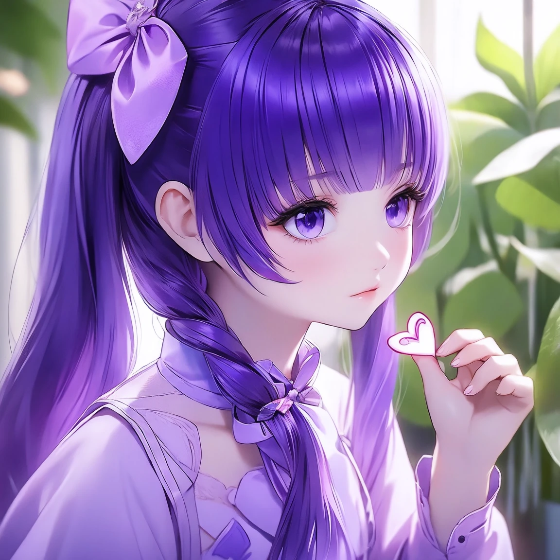 hair bow, girl, purple hair, long hair, purple eyes, mature, shy, heart