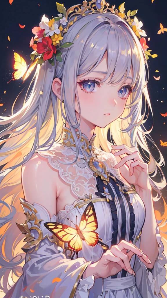a beautiful anime girl, 1girl, detailed face, beautiful detailed eyes, beautiful detailed lips, long eyelashes, detailed facial features, gentle expression, long wavy hair, flower crown, elegant dress, beautiful detailed dress, (best quality,4k,8k,highres,masterpiece:1.2),ultra-detailed,(realistic,photorealistic,photo-realistic:1.37),detailed lighting, soft lighting, warm color palette, glowing skin, detailed background, lush garden, butterflies, fairy-tale style