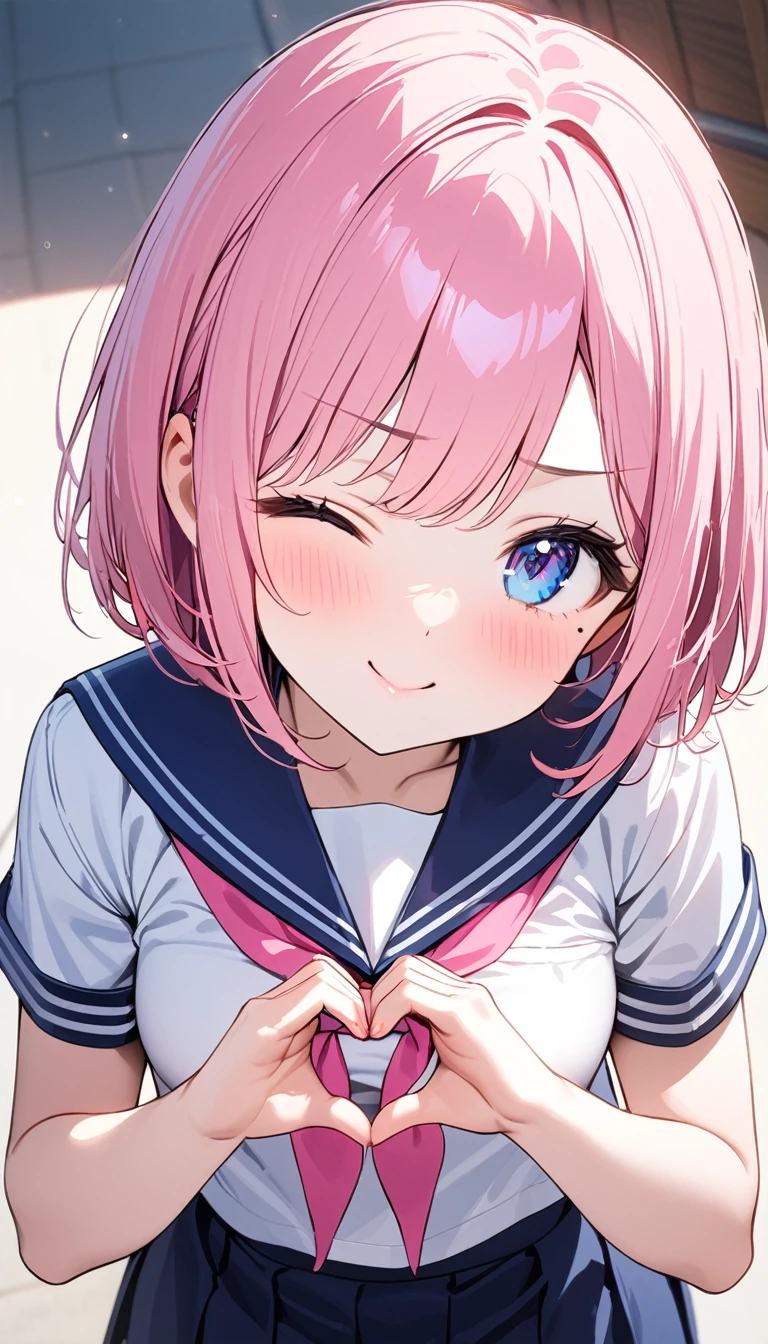 (1 girl),(Best Picture Quality, 8K, Masterpiece:1.3), (high school student:1.5), ((pink lob hair:1.1)), (bob cut),(swept bangs), (cute eyes, pupil black, iris skyblue, youthful face), (mole under right eye), (standard weight), (small breasts),(big hip), (glistening skin:1.1),(pale skin:1.2), ((serafuku, white sailor short sleeve simple shirt, darkblue skirt, darkblue sailor collar, pink ribbon)),(heart hands),(wink, one eye closed),(from above),(Face close-up),
