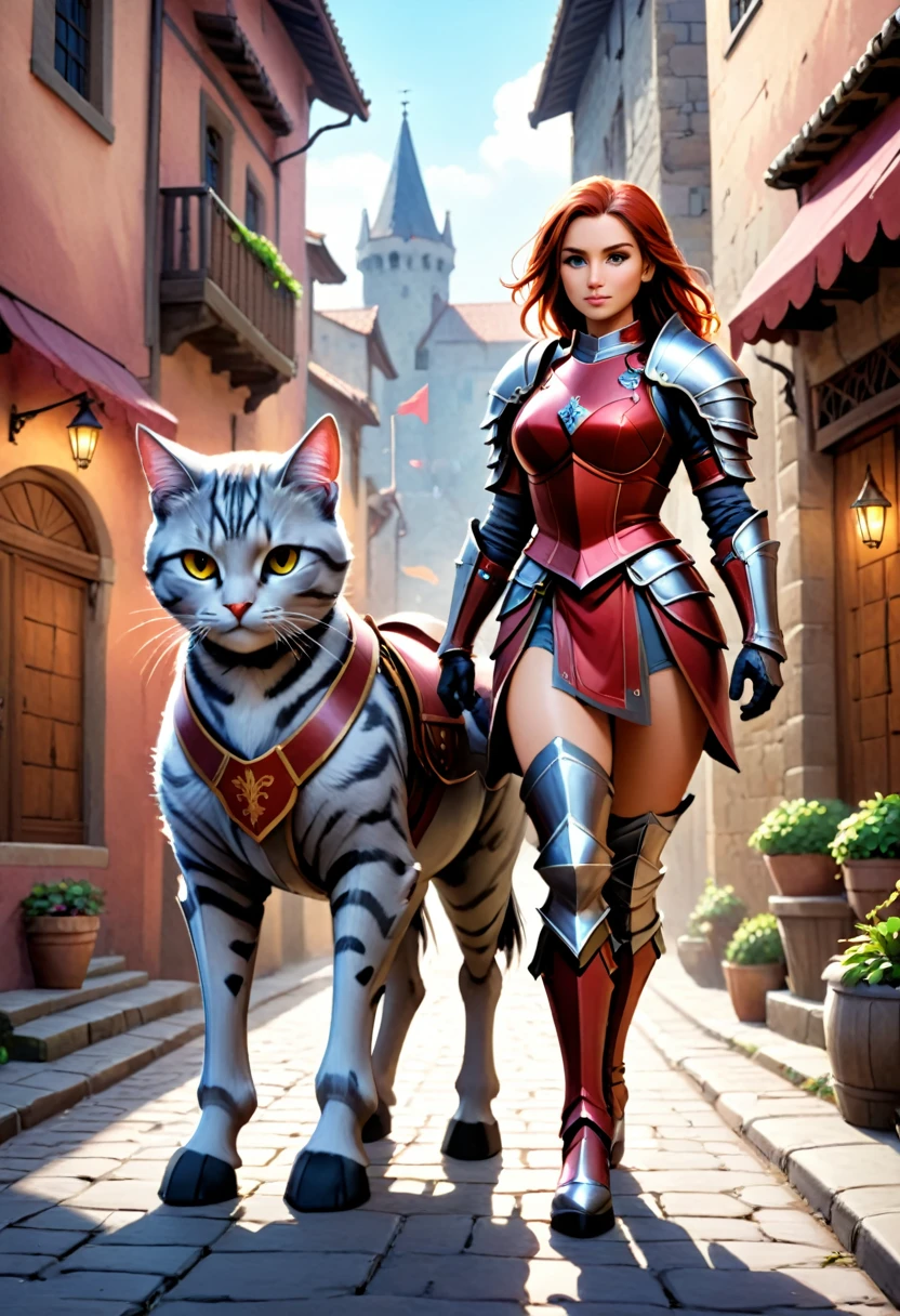 aarafed a picture of knight with her ((huge cat: 1.3)) walking near her in fantasy street, an ((cat big as a horse)), the cat is wearing armor ready for battle, dynamic color cat BREAK a human knight, full body, ((anatomically correct: 1.5) walking near him, female knight, red hair, long hair, hair in a pony tail, wearing knight's armor, decorated armor, high heeled boots, Hyperrealism style, vibrant, Ultra-high resolution, High Contrast, (masterpiece:1.5), highest quality, Best aesthetics), best details, best quality, highres, ultra wide angle, 16k, [ultra detailed], masterpiece, best quality, (extremely detailed) RAW, ArmoredDress