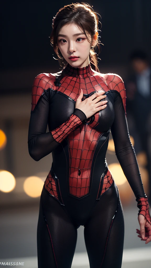 tmasterpiece,1 Korean girl，realisticlying，8K  UHD，high high quality，in the background bokeh, spider-man black suit，Spidey，Clothes wrap around the whole body，Tight clothing，Abs contour，Short black hair，s the perfect face，shining face，Ultra-clear face，Elaborate Eyes，idoly