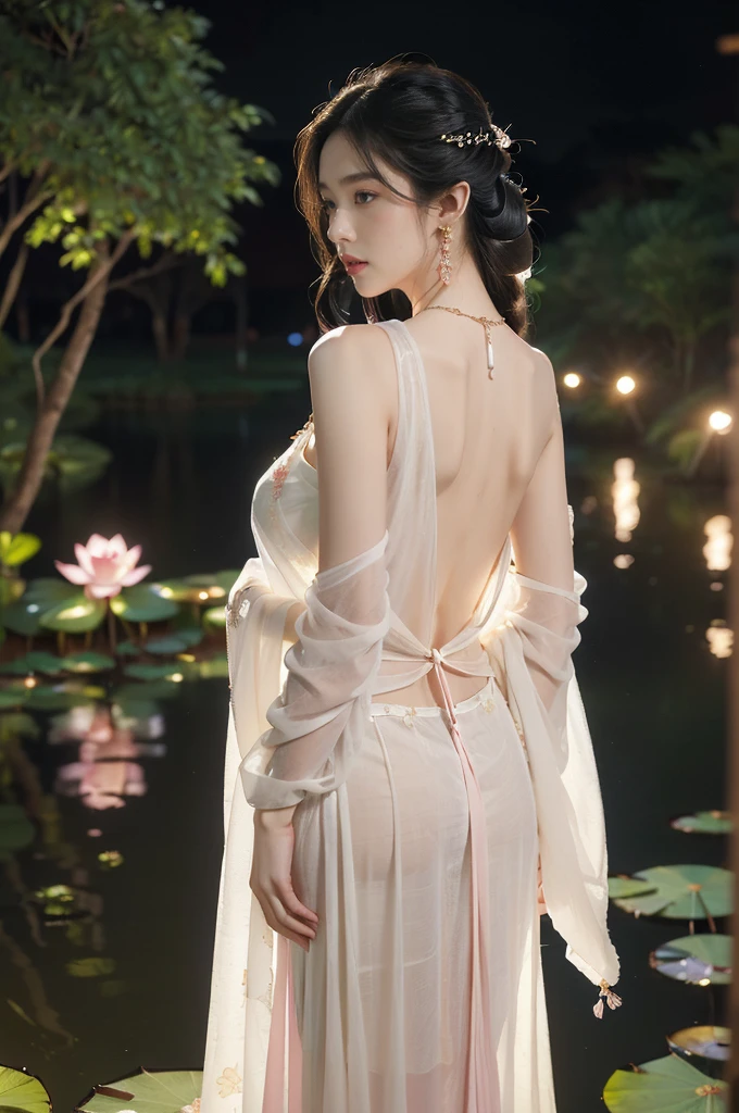 (((best quality))),(((ultra detailed))),(((masterpiece))),illustration,((1 beautiful young  girl,solo)),((slim,thin)),(shoulder length straight hair:1.2),((earrings,necklace)),((bare back,towering hips,butt crack)),(see through traditional pink sheer Hanfu dress:1.3),(beside the lotus pond full of lotus flowers:1.3), serene moonlight, ethereal,floral pattern, water movement, billowing fabric, tranquil, moon reflection, petals, fireflies, magical, light,warm light, dreams, invitation, standing, gazing, reflection, inner thoughts, emotional, sweet scent, natural beauty, solitude, hypnotic lull, eternal summer, (night scene:1.3), natural world, human spirit, celebration, backdrop, water, glow,((from back)),(close-up of upper body:1.3)