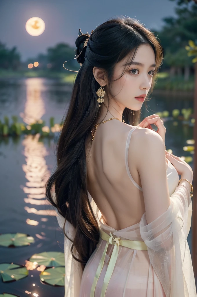 (((best quality))),(((ultra detailed))),(((masterpiece))),illustration,((1 beautiful young  girl,solo)),((slim,thin)),(shoulder length straight hair:1.2),((earrings,necklace)),((bare back,towering hips,butt crack)),(see through traditional pink sheer Hanfu dress:1.3),(beside the lotus pond full of lotus flowers:1.3), serene moonlight, ethereal,floral pattern, water movement, billowing fabric, tranquil, moon reflection, petals, fireflies, magical, light,warm light, dreams, invitation, standing, gazing, reflection, inner thoughts, emotional, sweet scent, natural beauty, solitude, hypnotic lull, eternal summer, (night scene:1.3), natural world, human spirit, celebration, backdrop, water, glow,((from back)),(close-up of upper body:1.3)
