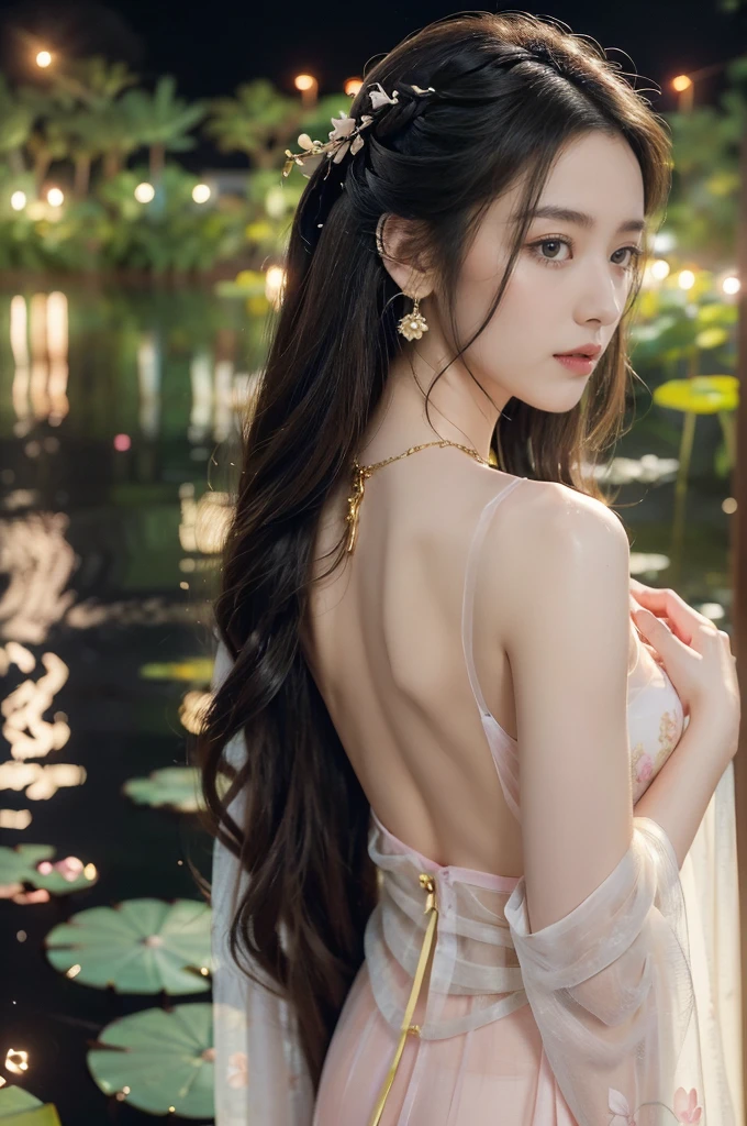 (((best quality))),(((ultra detailed))),(((masterpiece))),illustration,((1 beautiful young  girl,solo)),((slim,thin)),(shoulder length straight hair:1.2),((earrings,necklace)),((bare back,towering hips,butt crack)),(see through traditional pink sheer Hanfu dress:1.3),(beside the lotus pond full of lotus flowers:1.3), serene moonlight, ethereal,floral pattern, water movement, billowing fabric, tranquil, moon reflection, petals, fireflies, magical, light,warm light, dreams, invitation, standing, gazing, reflection, inner thoughts, emotional, sweet scent, natural beauty, solitude, hypnotic lull, eternal summer, (night scene:1.3), natural world, human spirit, celebration, backdrop, water, glow,((from back)),(close-up of upper body:1.3)