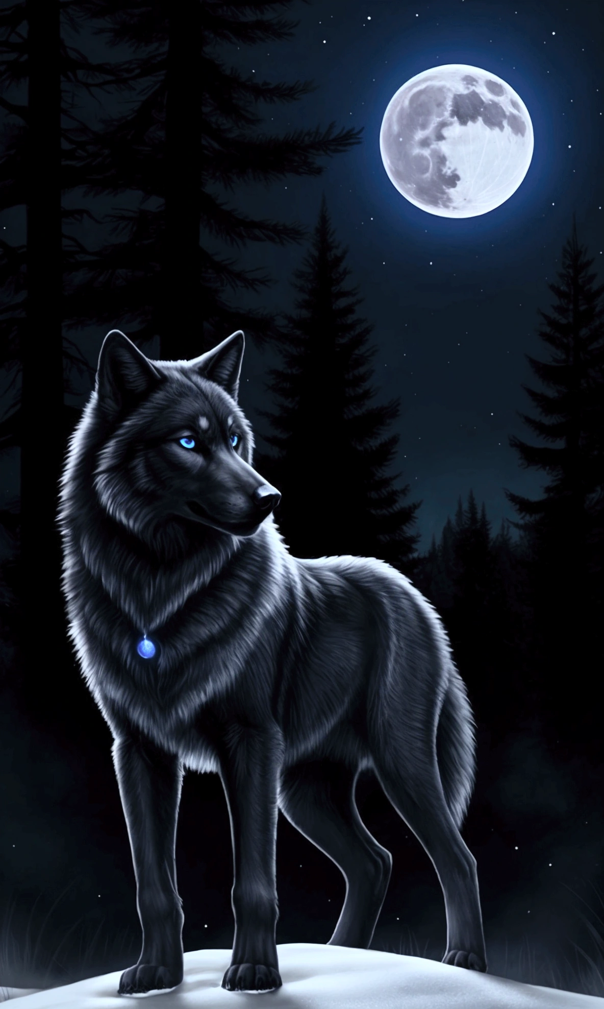 Beautiful realistic black wolf with blue eyes. Night, the fullmoon is shining, beautiful nightsky. Forest