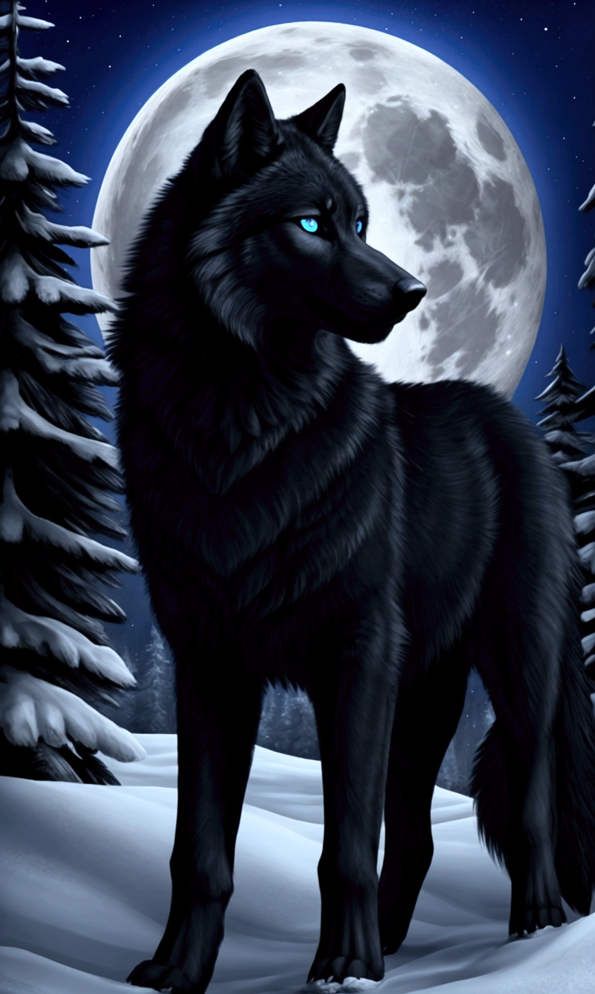 Beautiful realistic  black wolf with blue eyes. Night, the fullmoon is shining, beautiful nightsky. Forest