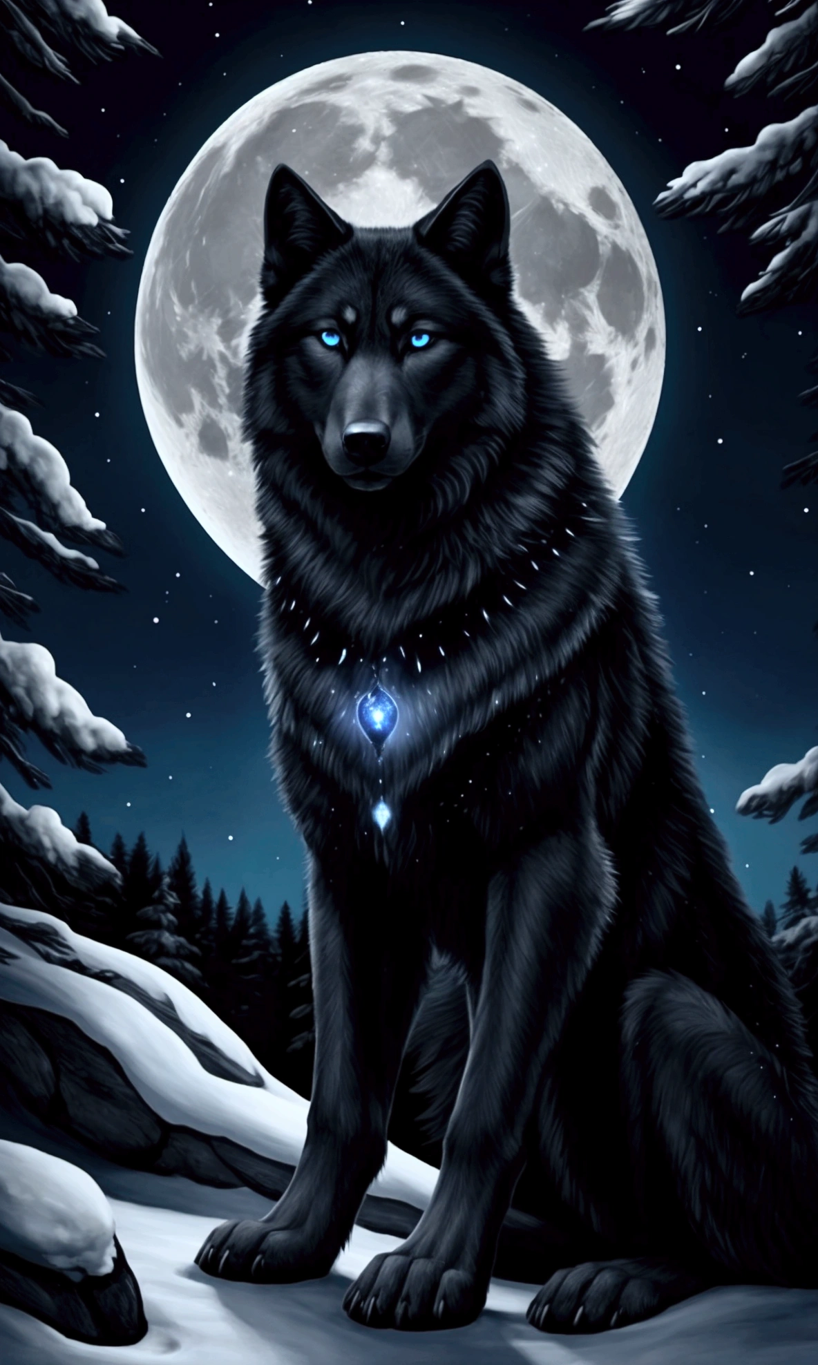 Beautiful realistic  black wolf with blue eyes. Night, the fullmoon is shining, beautiful nightsky. Forest