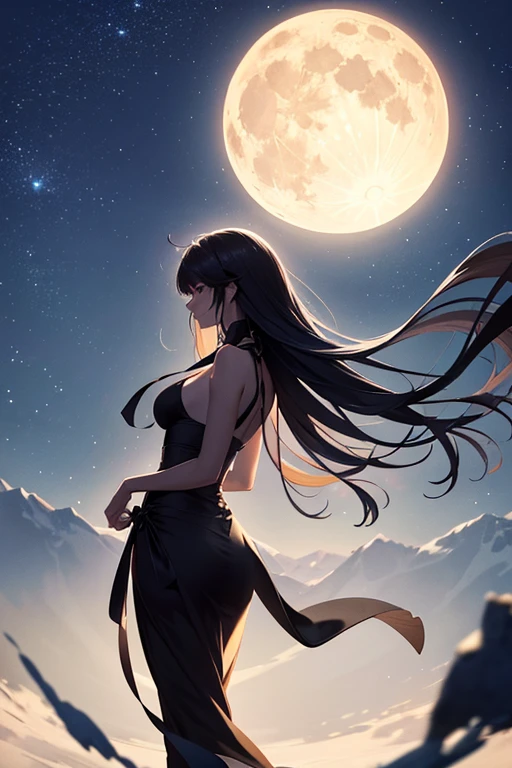 Highest quality,Big moon and shadow,A silhouette of a person can be seen against the backdrop of a large moon.,There is one full moon,There is a mood,Beautiful scenery,Starry Sky