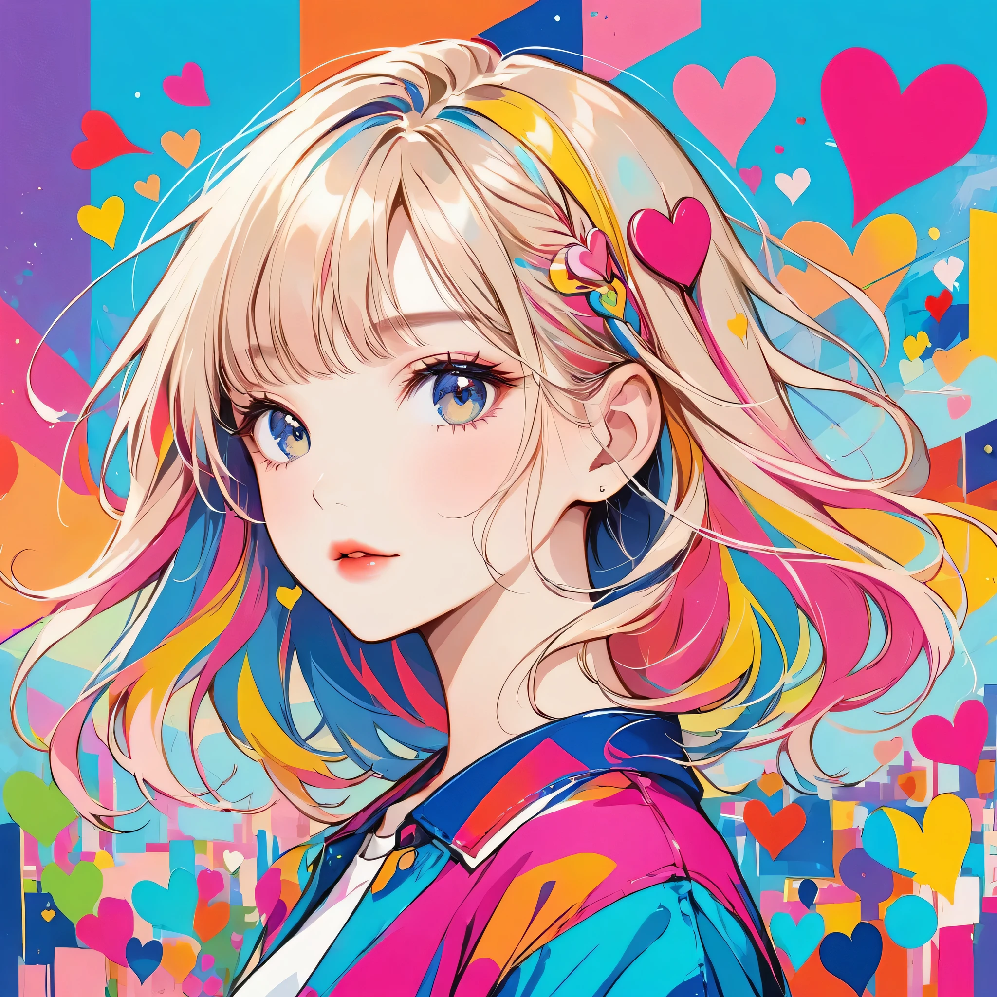 Mika Pikazo colorful style, Simple Line Initialism,Abstract art,Urban Background, (((The most beautiful girl of all time))), Sweet face. Lips in love, colorful hearts, stylish design