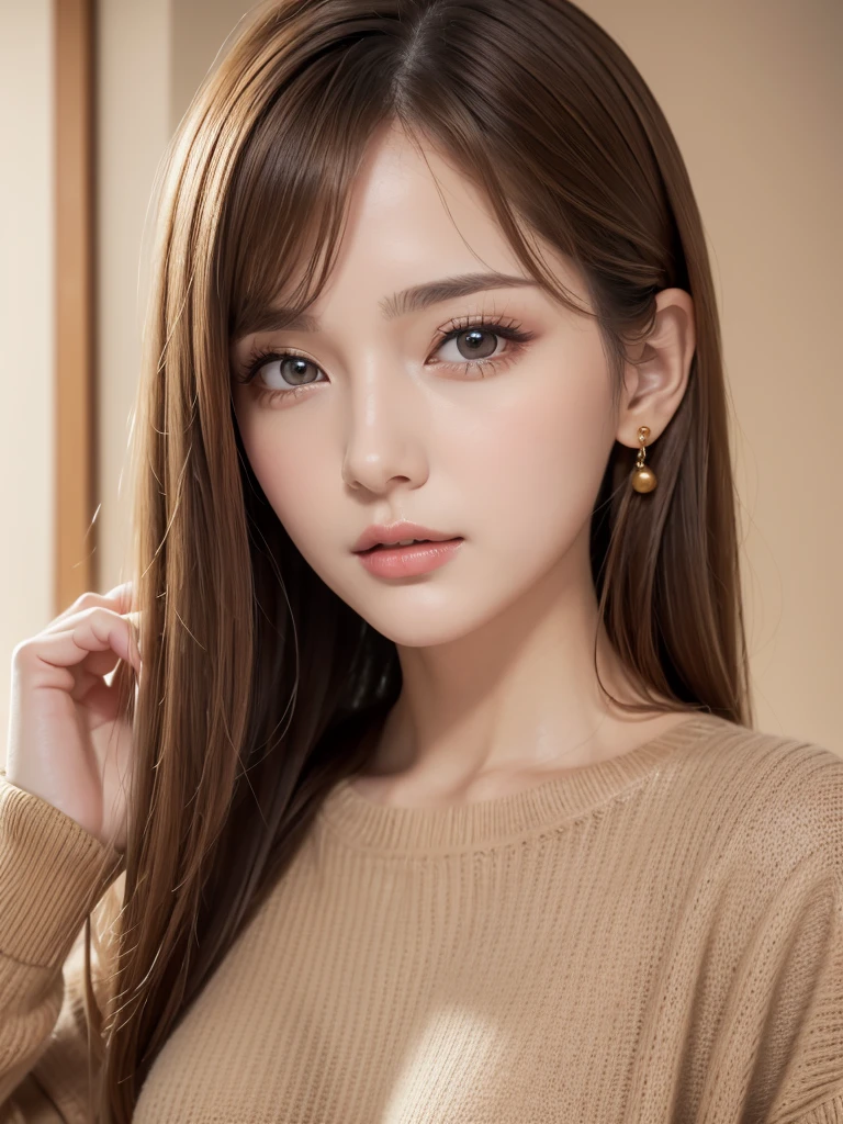 Bust up images, Highest quality, Super Fine, 16K, Incredibly absurd, Very detailed, Golden Ratio, Beautiful woman, Beautiful and realistic round face, Captivating look, Beautiful light brown straight medium hair, Beautiful hairstyle, Beautiful and realistic eyes, Beautiful and realistic skin, Wearing a loose beige sweater, Background room、Bulb included、Ultra warm white