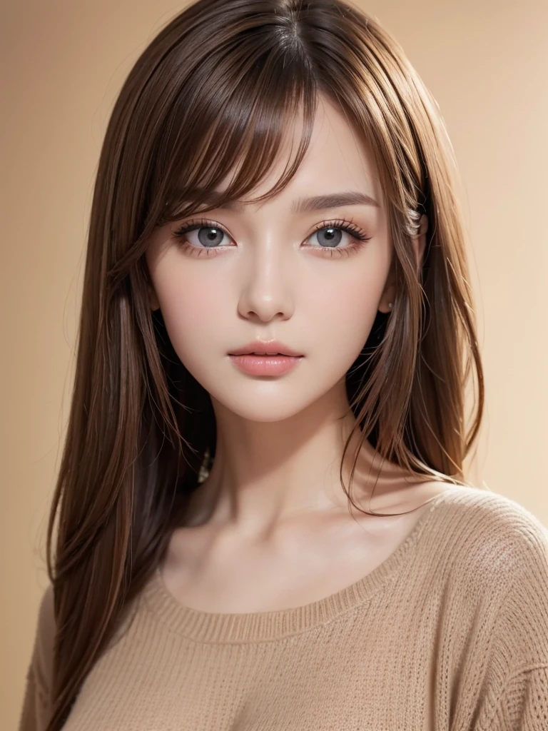 Bust up images, Highest quality, Super Fine, 16K, Incredibly absurd, Very detailed, Golden Ratio, Beautiful woman, Beautiful and realistic round face, Captivating look, Beautiful light brown straight medium hair, Beautiful hairstyle, Beautiful and realistic eyes, Beautiful and realistic skin, Wearing a loose beige sweater, Background room、Bulb included、Ultra warm white