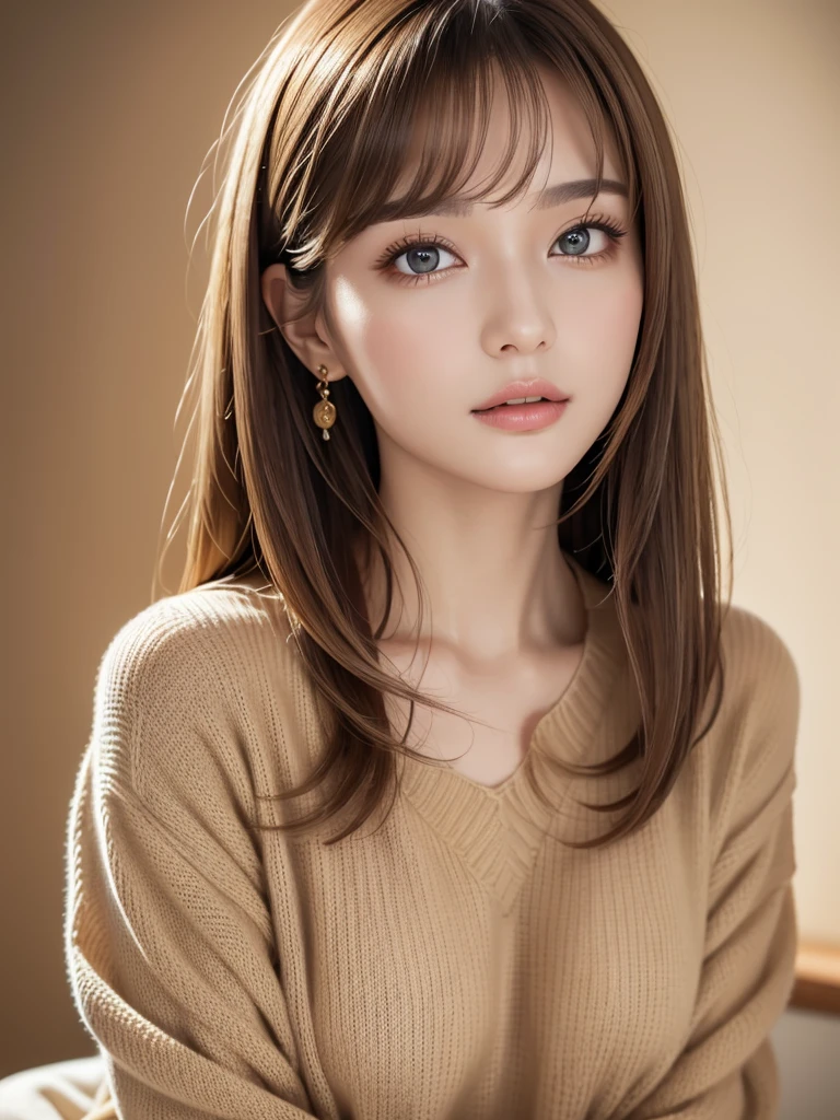 Bust up images, Highest quality, Super Fine, 16K, Incredibly absurd, Very detailed, Golden Ratio, Beautiful woman, Beautiful and realistic round face, Captivating look, Beautiful light brown straight medium hair, Beautiful hairstyle, Beautiful and realistic eyes, Beautiful and realistic skin, Wearing a loose beige sweater, Background room、Bulb included、Ultra warm white