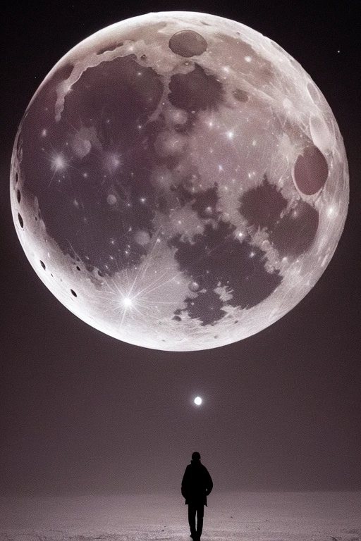 Highest quality,Big moon and shadow,A silhouette of a person can be seen against the backdrop of a large moon.,There is one full moon,There is a mood,Beautiful scenery,Starry Sky