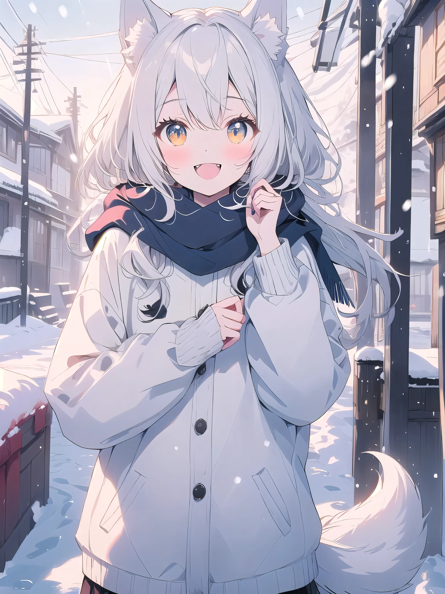 Pale colors,white hair, dog ears, sparkle, film grain, UHd, masterpiece, super detail, high details, high quality, highres, best quality, 4K,claw pose,upper body,fang,:d,aran sweater,Samoyedの女の子、Samoyed,Fluffy clothes、cute、Background of the snow country,((dog tail)),Fluffy scarf,Snow is falling,Light production