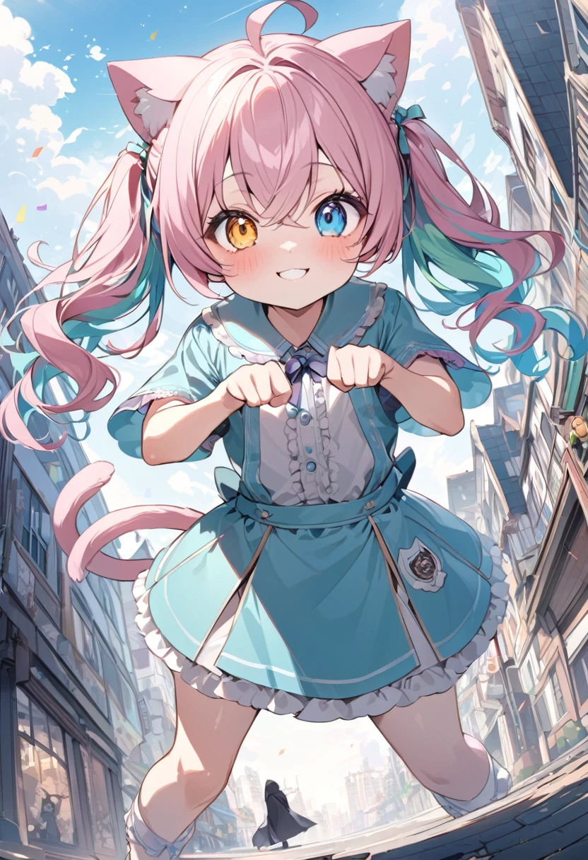 masterpiece, best quality, beautiful, 8K, highres, ,1girl, kemono, delightful, smiling,looking at viewer, medium hair, wave hair, hair between eyes, ahoge,twintails, wavy hair, shiny hair,pastel pink hair,aqua hair,colored inner hair, streaked hair, colored , heterochromia.golden eyes, with sparkling eyes, big eyes, wide-eyed, pale skin, fair skin, shiny skin, detailed skin, pale skin, chibi, short sleeves,slim, frilled clothing, skirt, smaller face, with cat ears, cat tail, cute face, 10-year-old, green background, kawaii, cute, chibi, chibi anime, front view, dynamic angle,paw pose, wide view, wide shot, intense wide shot,golden ratio,architectural photograph,indoor,