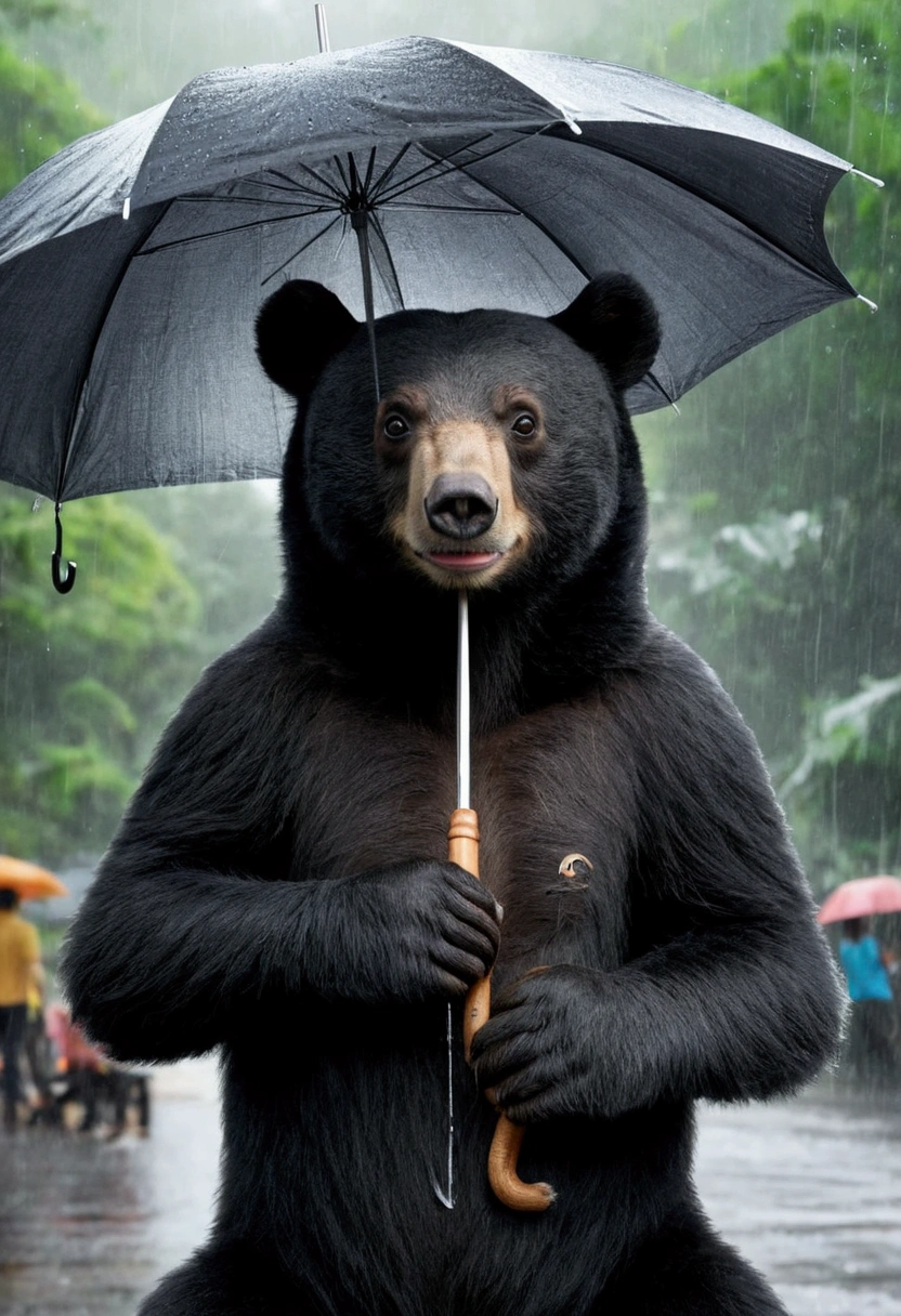Draw a black bear 200 cm tall,Lovely smile,Holding a 180cm tall white-haired monkey by the hand, he is also smiling cutely.,Holding a big umbrella together,The background is rainy