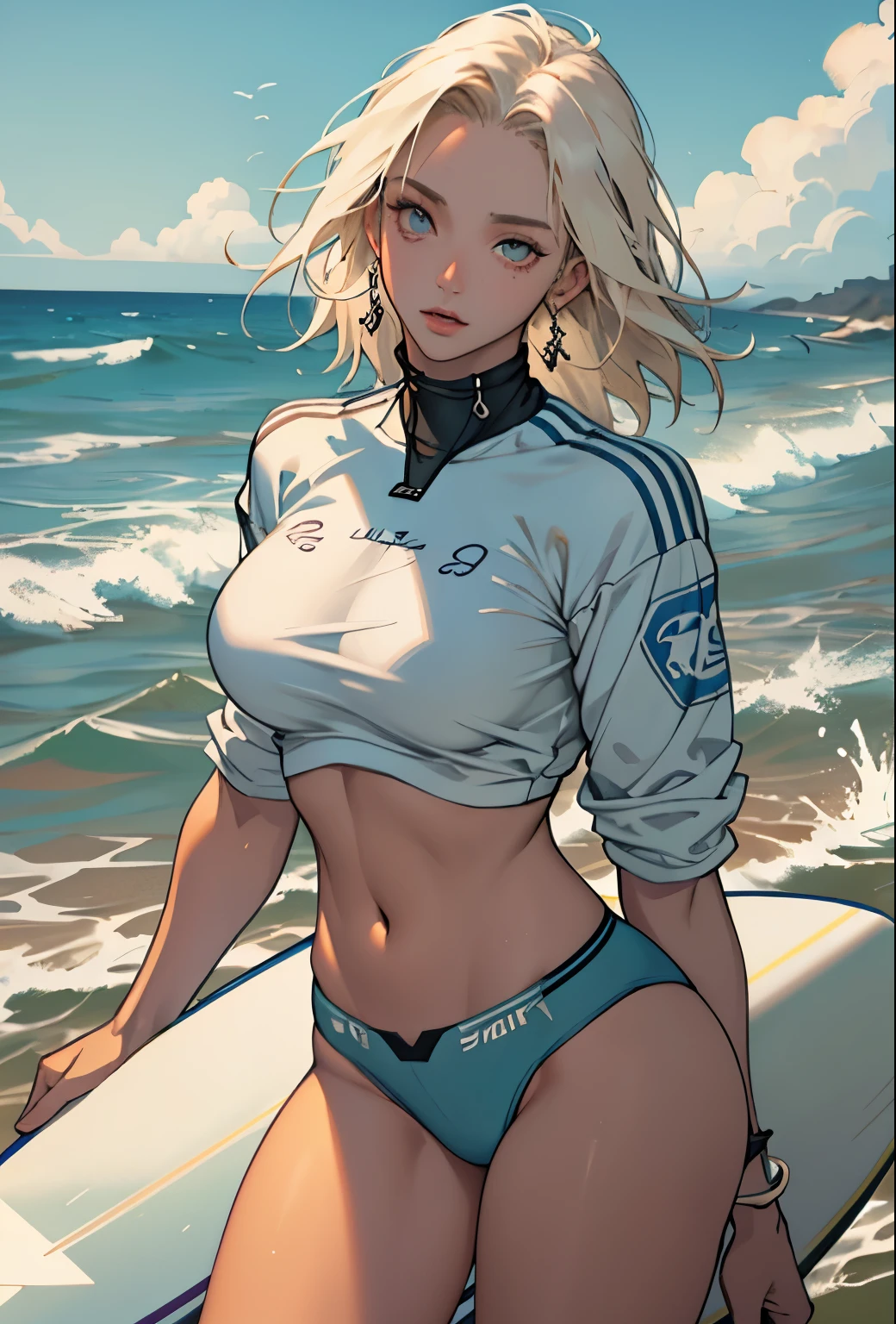 masterpiece, (Textured skin), Highest quality, Gorgeous beautiful girl, (female surfer), Detailed clothing,Large Breasts,Tight waist,, (Beautiful Face), Cinema Lighting, (At the surfing venue ),
