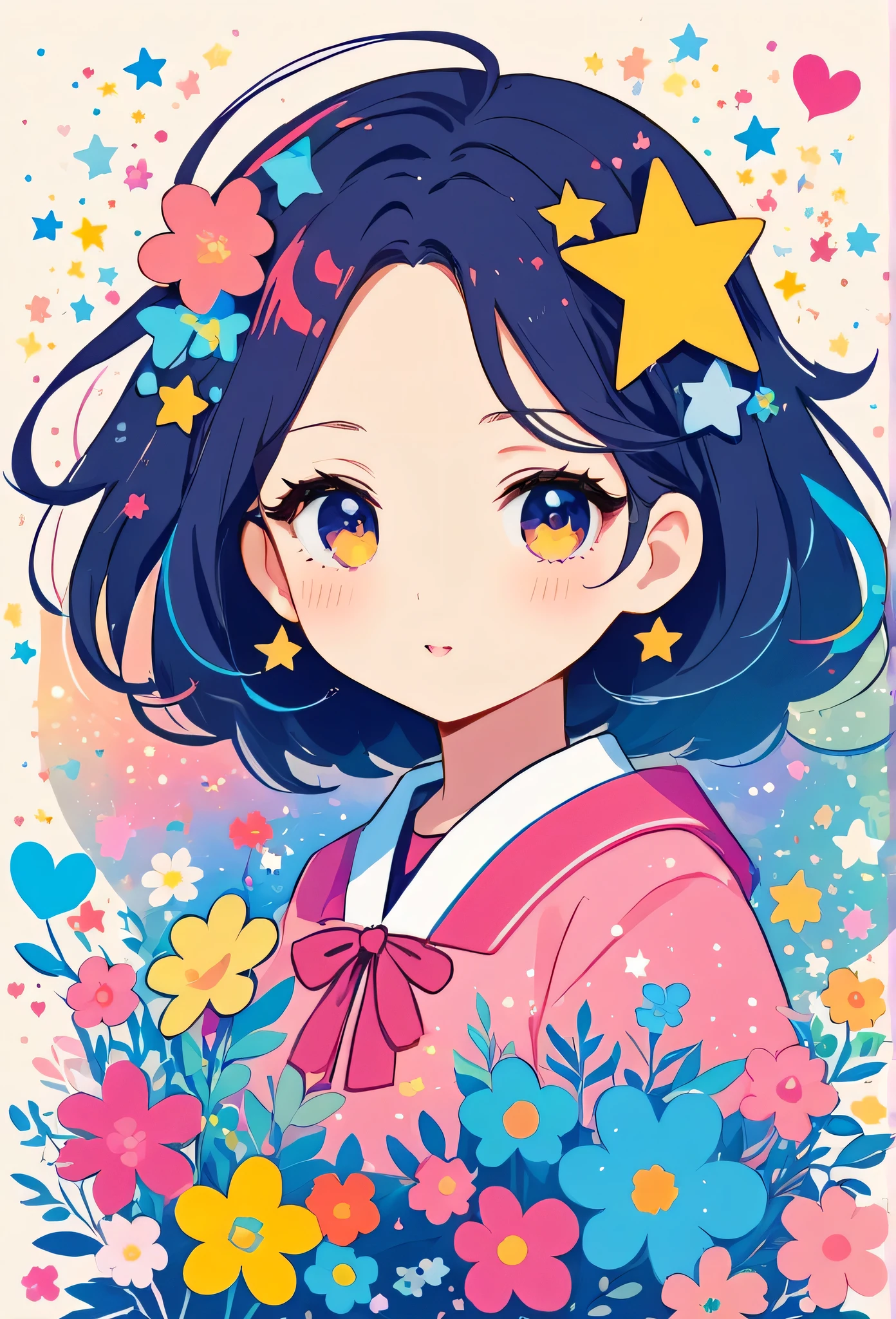 Mika Pikazo style, Simple Line Initialism，Abstract art，Kawaii Design, The most beautiful girl of all time、chibi, The background is star dust, colorful hearts, colorful flowers, 