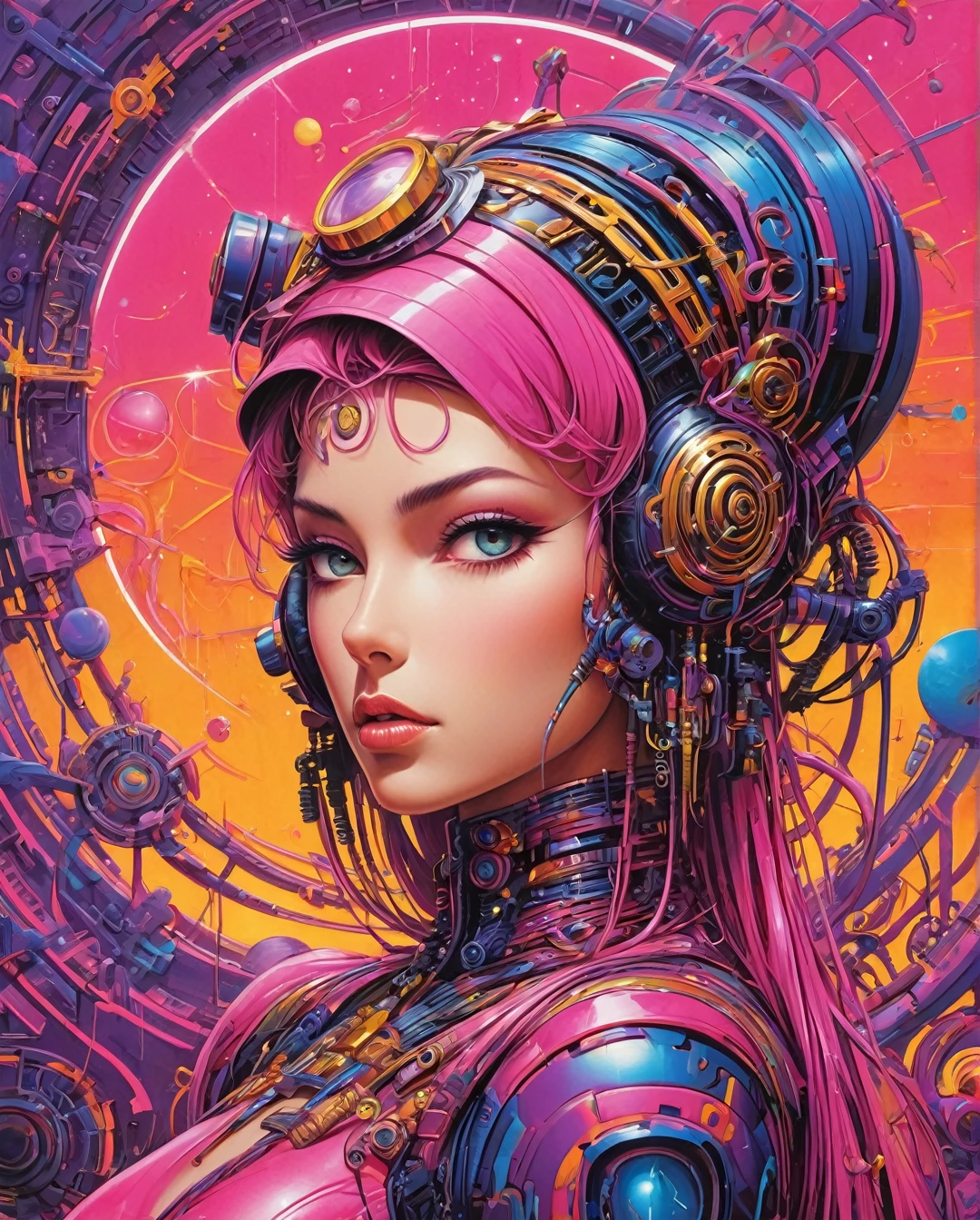 anime artwork retro cyberpunk Kenny Scharf, Nasty Islamic Circlet, Johnnie To, Bridget Riley, Jeffrey Smart, Photograph, A renowned artist creates a striking photo assistant for his new exhibition. Kenny Scharf, known for his bold graphic style, crafts a unique piece featuring a black headband adorned with intricate gold patterns. The headband is displayed against a stark white background, drawing attention to its vibrant color and elaborate design. The artist's signature style shines through in every detail, from the bold lines to the careful placement of colors. This image captures not only the beauty of the artwork but also the creativity and skill of the artist behind it. It's a testament to Kenny Scharf' . 80's inspired, synthwave, neon, vibrant, detailed, retro futurism . anime style, key visual, vibrant, studio anime, highly detailed, Art style by H. R. Giger, Art style by Luis Royo, Art style by Chris Foss, (Masterpiece, Top Quality, Super Detail, High Resolution, Best Illustration), High conceptual abstract digital art, double exposure, hyper detailed, a beautiful young comic girl, deep elegance, highly influenced by the vaporwave aesthetic, combining retro-styled elements, vibrant surreal colors, digital nostalgia, deep pink and purple effects, trippy, crazy, sleepy, symmetry, artist masterpiece, by Kingshuk's craziness, sharp focus, approaching perfection, award winning work of art