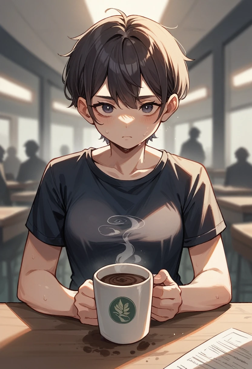 a cup of coffee (((steaming))) )the smoke from the coffee ((forms a silhouette of smoke lines))) of a young woman's face. in the foreground, in the background cafeteria woods, blurred background.pencil drawing, watercolors
