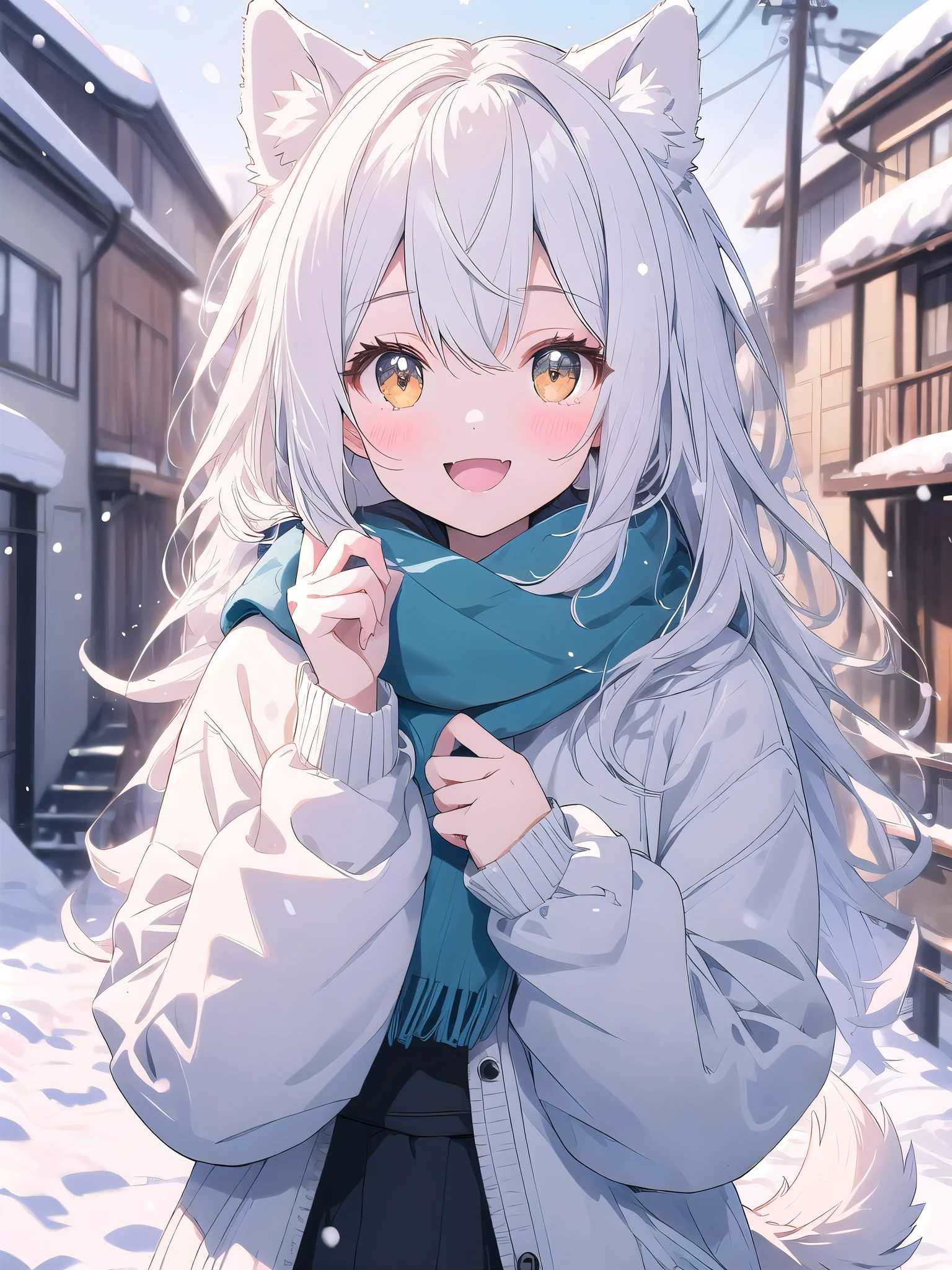 Blurred colors、Pale colors,white hair, dog ears, sparkle, film grain, UHd, masterpiece, super detail, high details, high quality, highres, best quality, 4K,claw pose,upper body,fang,:d,aran sweater,Samoyedの女の子、Samoyed,Fluffy clothes、cute、Background of the snow country,((dog tail)),Fluffy scarf,Snow is falling,Light production