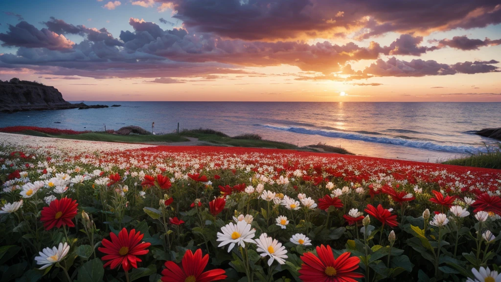 masterpiece , best quality ,sunset, field ,white flower , red flower , blue flower ,big flower,realistic,seaside