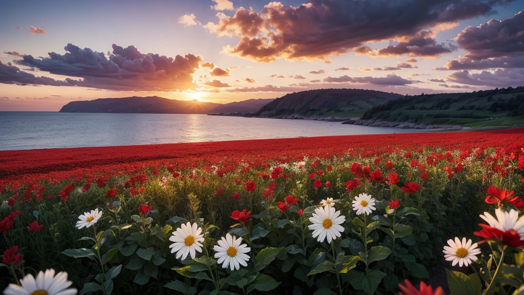 masterpiece , best quality ,sunset, field ,white flower , red flower ,  blue flower ,big flower,realistic,seaside