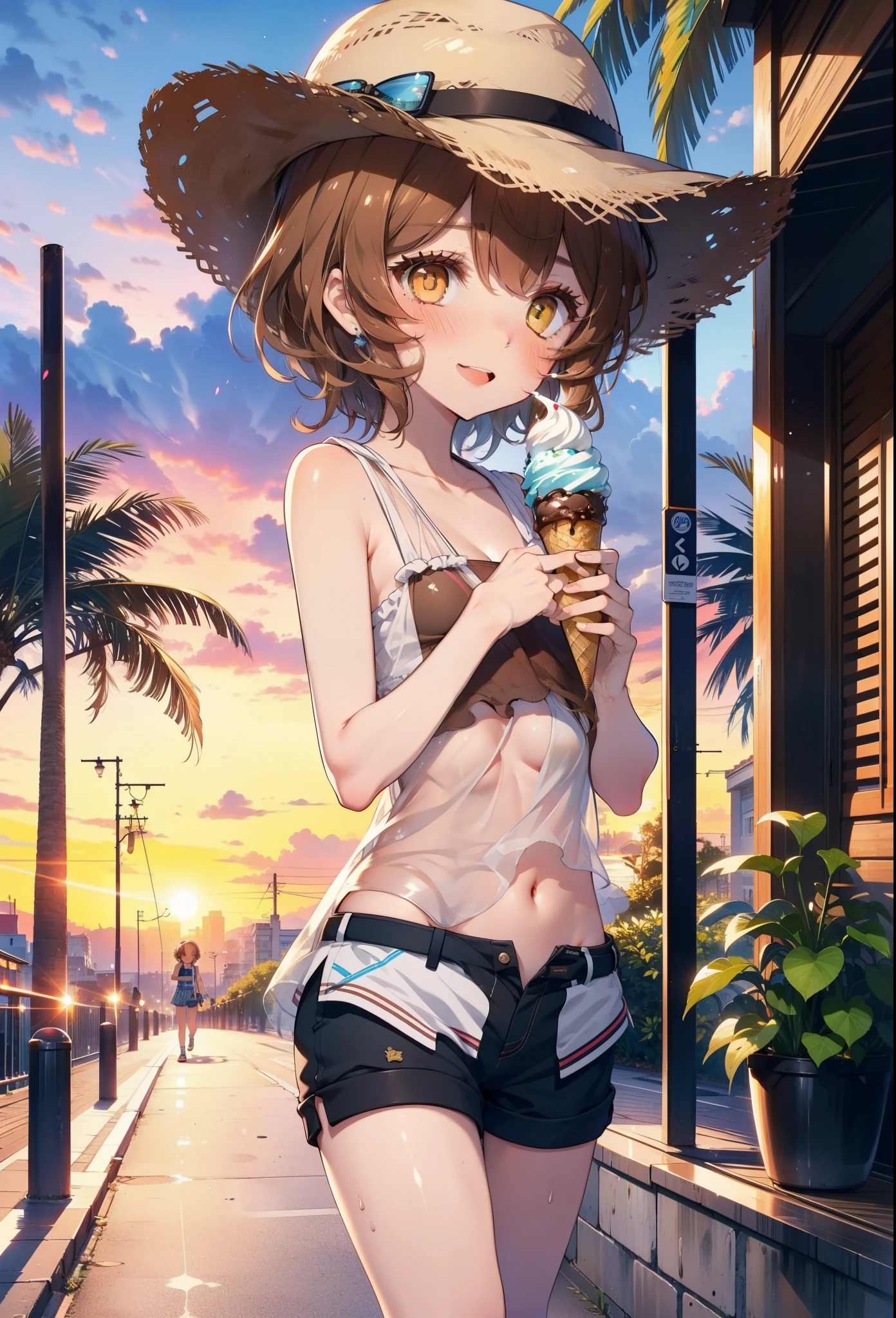 Lililukarde, Liliruka gets burned, , (Brown eyes:1.7), Brown Hair, (Flat Chest:1.2), smile,blush,Open your mouth,Straw hat,short hair,Brown tank top,Shorts,Holding ice cream in both hands,Heeled Sandals,Walking,sunset,evening,The sun is setting,whole bodyがイラストに入るように,
break looking at viewer,whole body, 
break outdoors, Building district,Palm tree,Tropical,
break (masterpiece:1.2), Highest quality, High resolution, unity 8k wallpaper, (figure:0.8), (Beautiful attention to detail:1.6), Highly detailed face, Perfect lighting, Highly detailed CG, (Perfect hands, Perfect Anatomy),